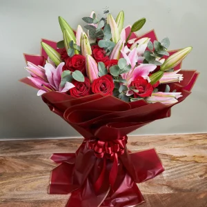 "Loving Thoughts" Pink Lilies & Red Roses Bouquet