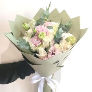 "Marvels" Pink Lisianthus & White Roses Bouquet